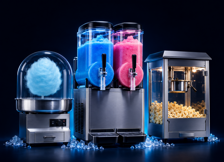 Commercial dual-flavor slushy, cotton candy and popcorn machines